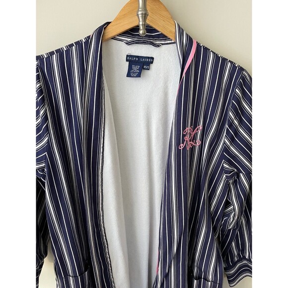 Vintage RALPH LAUREN Womens Robe XS/S Blue Striped Terry Lining Embroidered Logo - Picture 4 of 11